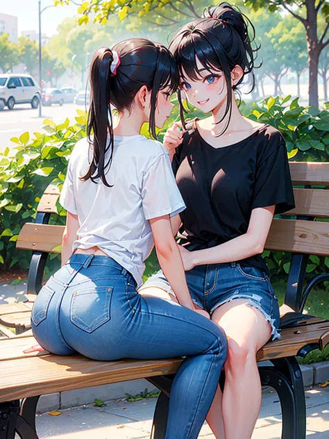 ((sitting on a park bench))、Eating a sandwich、((Accentuate your butt))、smile、Black Hair、ponytail、White T-shirt、denim