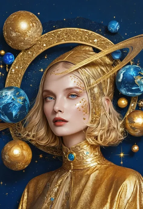 illustration，illustration，Golden Woman Portrait，Blue Background，Planet Decoration，Artistic Creativity:1.37