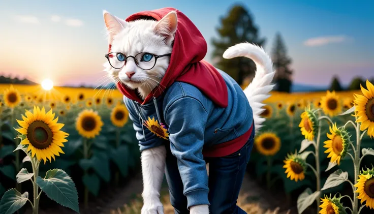 professional photography, cute white kitten, standing on two legs
BRAKE
Light blue hoodie
BRAKE
Denim jeans
BRAKE
Black-rimmed glasses
BRAKE
Sunflower field as background
BRAKE
Full body shot, (Cinematic Light: 1.3), shot with Lumix GH5 (cinematic bokeh, d...