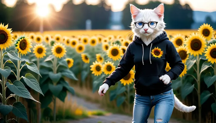 professional photography, cute white kitten, standing on two legs
BRAKE
Light blue hoodie
BRAKE
Denim jeans
BRAKE
Black-rimmed glasses
BRAKE
Sunflower field as background
BRAKE
Full body shot, (Cinematic Light: 1.3), shot with Lumix GH5 (cinematic bokeh, d...