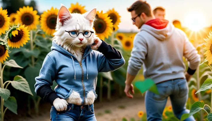 professional photography, cute white kitten, standing on two legs
BRAKE
Light blue hoodie
BRAKE
Denim jeans
BRAKE
Black-rimmed glasses
BRAKE
Sunflower field as background
BRAKE
Full body shot, (Cinematic Light: 1.3), shot with Lumix GH5 (cinematic bokeh, d...