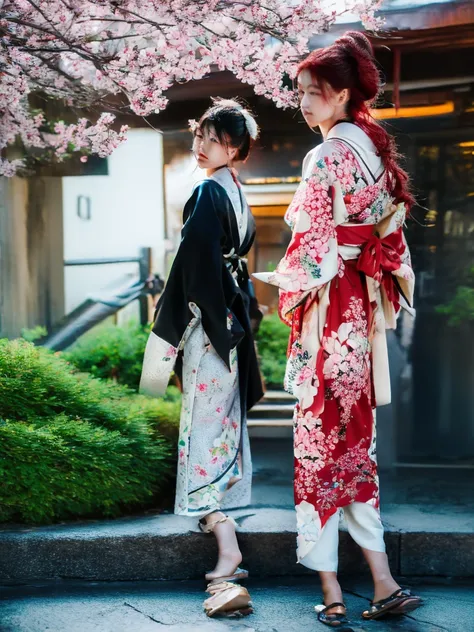 ((masterpiece,best quality)),2girls, black kimono, black legwear, black ribbon, black hair, cherry blossoms, day, flower, hair b...