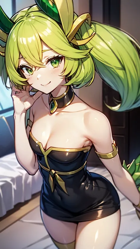 (masterpiece, best quality:1.2),1girl,mature female,pale skin,small breasts:1.49,dragonmaid parlor, parlor dragonmaid, yugioh, short hair, green hair, (green eyes:1.5),(black dress with a white arpon:1.2), eye details,teasing smile, clean detailed anime ar...