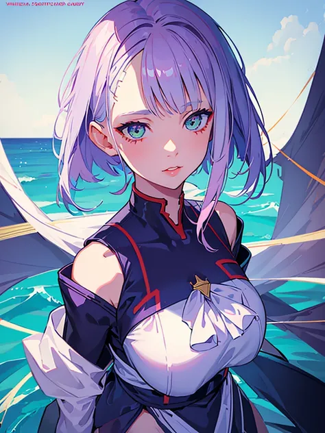 1girl,realistic,short hair,green eyes,empty eyes,purple hair,gigantic breast, uniform,sailor suit,skirt,extremely detailed eyes and face,longeyelashes,beautiful detailed lips,masterpiece,upper body,blue background,lucy