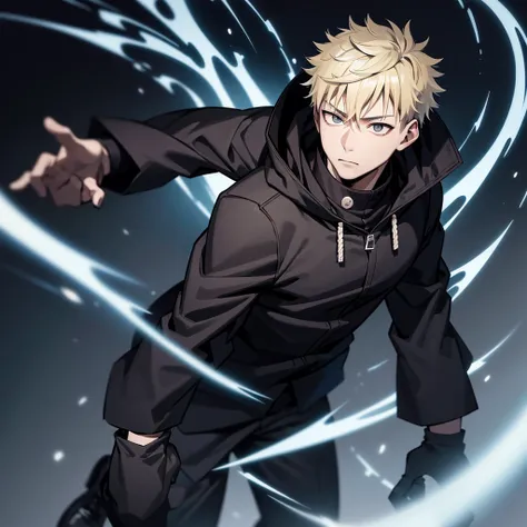 one japanese man, blonde and black hair, grey eyes, wearing a black parka, jujutsu kaisen background, high res, ultrasharp, masterpiece, jujutsu kaisen style