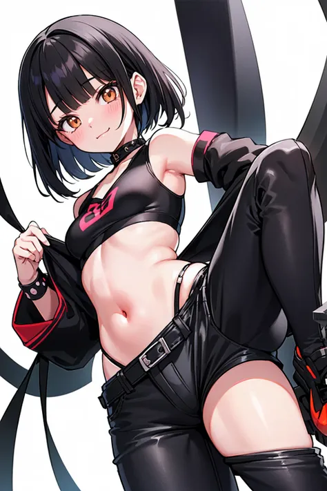 whole body,Standing posture, (Black Hair,Trimmed bangs,Hime cut,) (Small breasts,Teenage Girl,), (Cute face:1.2) (Punk Fashion,Low-rise pants,) smug face,(White background) 