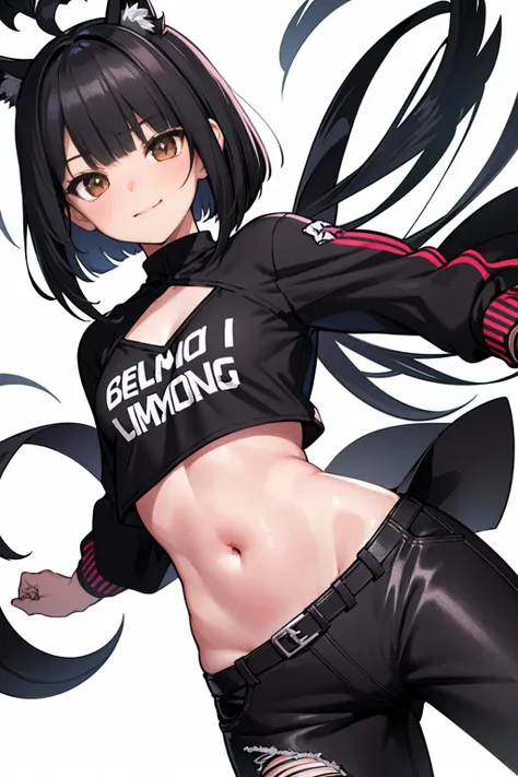 whole body,Standing posture, (Black Hair,Trimmed bangs,Hime cut,) (Small breasts,Teenage Girl,), (Cute face:1.2) (Punk Fashion,Low-rise pants,) smug face,(White background) 