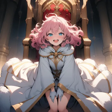 (masterpiece),(best quality),very aesthetic,(ultra-detailed),(illustration),nsfw,1girl,18yo,slender,pink hair,curly hair,(Hair is frizzy upward),short hair,disheveled hair,aqua blue eyes,smile,open mouth,happy,humble,white wizard robe,white glove,light gre...