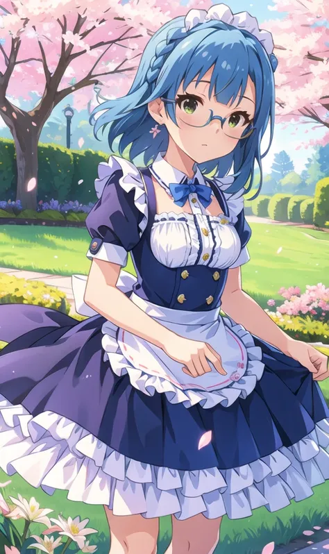 yuriko nanao (million live), (best quality, 8K, masterpiece, ultra detailed:1.2), cinematic angle,
flowery meadow, sparkle, light particles, garden,
1girl, solo, maid, maid headdress, apron,  weapon, earring, cute, floating petals, lily hair ornament, stan...