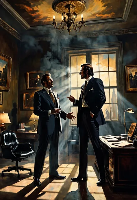 Scene with two men in suits in an office of a building arguing, Maximum details, dark fantasy  style from the 70s, with intense German-style romantic painting. Shadows and spectacular lighting.