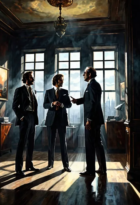 scene with two men in suits in an office of a building arguing, maximum details, dark fantasy  style from the 70s, with intense ...