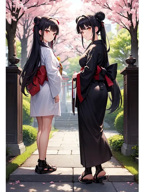 ((masterpiece,best quality)),2girls, black kimono, black legwear, black ribbon, black hair, cherry blossoms, day, flower, hair b...