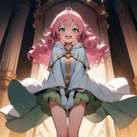 (masterpiece),(best quality),very aesthetic,(ultra-detailed),(illustration),nsfw,1girl,18yo,slender,pink hair,curly hair,(Hair is frizzy upward),short hair,disheveled hair,aqua blue eyes,smile,open mouth,happy,humble,white wizard robe,white glove,light gre...