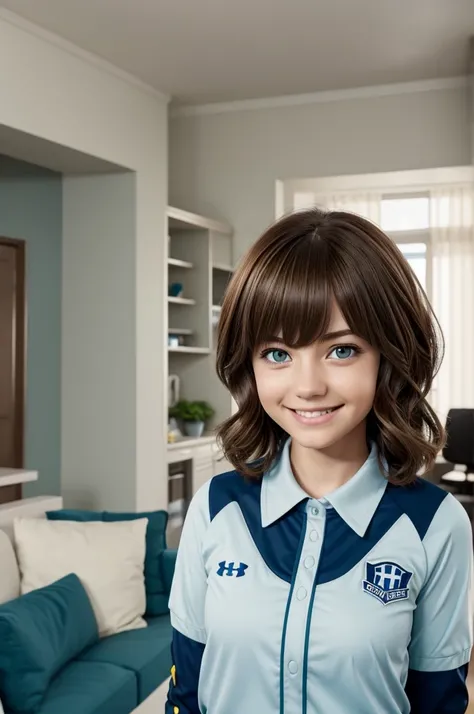 Screenshot My hero Academia, 2D girl with short light brown hair with wavy bangs with light blue highlights, white skin and dark blue eyes with dark green, with a happy expression wearing the UA uniform, in the background a living room