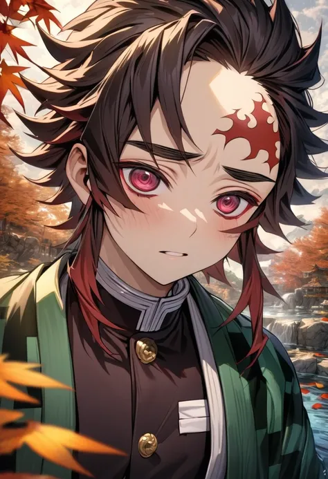 Ultra detailed, highres, absurdres, HDR, master piece, Kamado Tanjirou, ruffled black hair with burgundy tips, expressive dark red eyes, Kimetsu No Yaiba, water, autumn, petals, orange and yellow leaves, sexy man, solo, handsome, demon slayer uniform, gree...