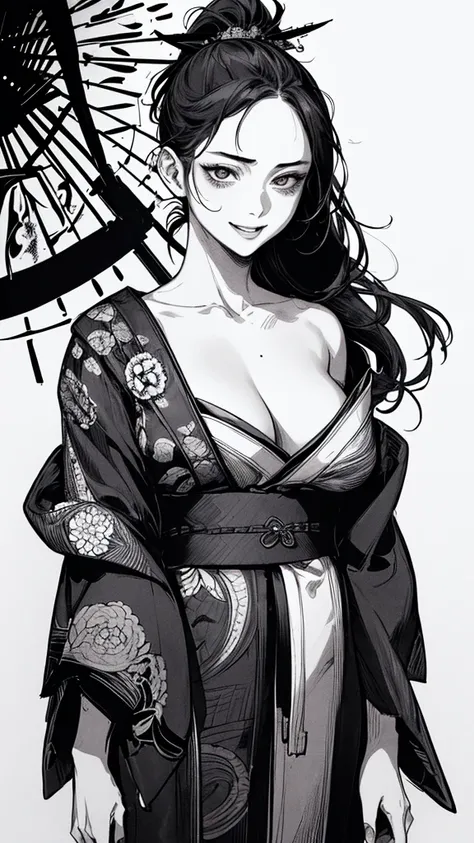 Best quality, (background detail), high contrast, very beautiful woman, detailed original illustration, functional, samurai, kimono, black hair, ponytail delicate face, charm, bad girl, sexy, real breasts, crazy smile, crazy eyes, black background, (black ...