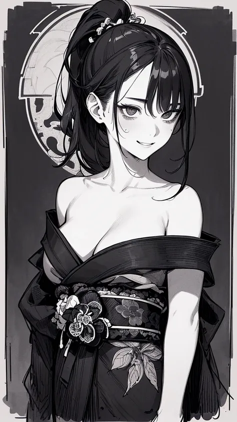 Best quality, (background detail), high contrast, very beautiful woman, detailed original illustration, functional, samurai, kimono, black hair, ponytail delicate face, charm, bad girl, sexy, real breasts, crazy smile, crazy eyes, black background, (black ...