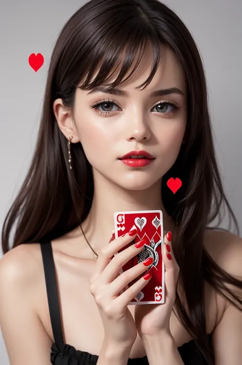 create an image of a female hand with red nail polish holding a playing card