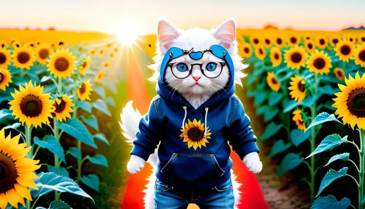 (Masterpiece: 1.4), professional photography, cute white kitten, standing on two legs
BRAKE
Light blue hoodie
BRAKE
Denim jeans
BRAKE
Black-rimmed glasses
BRAKE
Sunflower field as background
BRAKE
Full body shot, (Cinematic Light: 1.3), shot with Lumix GH5...