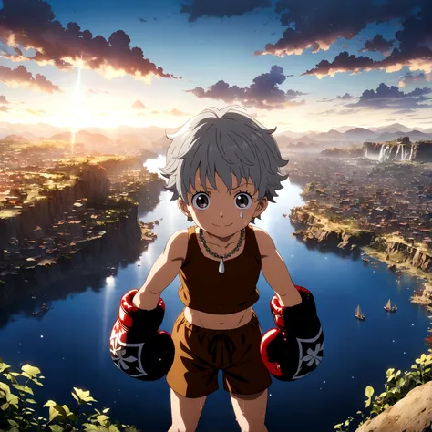 Tiny human, youthful appearance, muscular and compact body, short gray hair, brown blouse, boxing shorts, stitched leather boxing gloves, innocent smile, necklace with teardrop symbol, "One Piece-inspired anime features, drenched in dramatic and incredible...