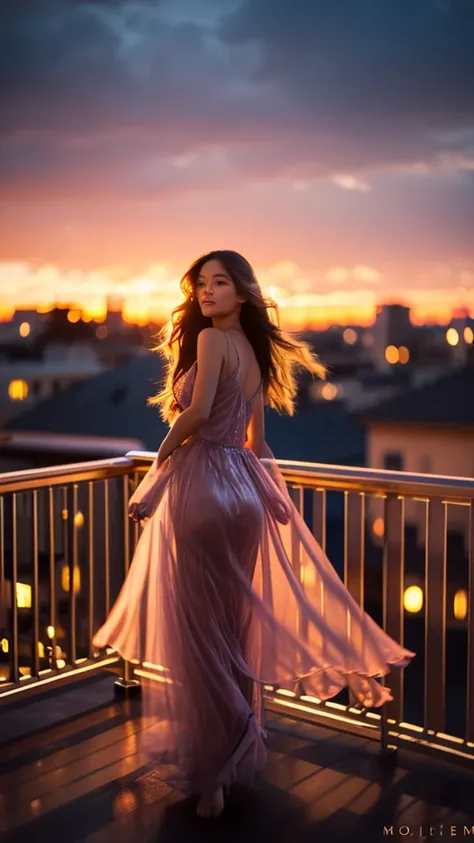 1girl , wearing a fluttering nightgown, standing on a balcony, sunset sky, long flowing hair, elegant pose, penthouse balcony, ((motion blur)), (majestic beauty atmosphere), (shimmer),