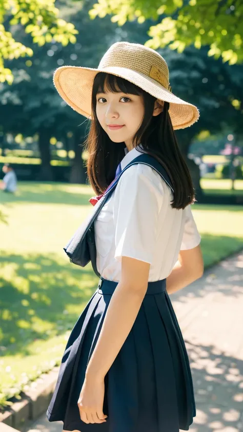 A high school girl carrying a knapsack., She is wearing a summer uniform., She is wearing a boater hat., She is in the city park., portrait photography.