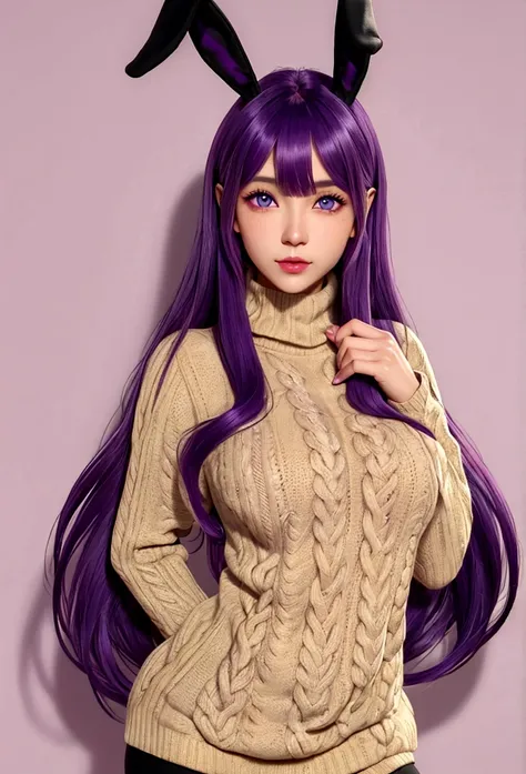 bunny girl, (tan skin:1.2). long purple hair, blue eyes, tight purple turtleneck sweater,