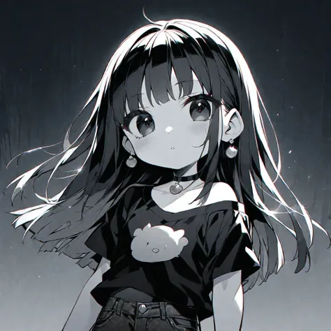 solo, handsome, monochrome,CHIBI。
1. Female,
Hime cut,Straight Hair,long Hair, 
black hair, 
Nakano Yotsuba,
BLACK Eyes,Soft look,beautiful,beautiful,Sexy,Darkness,Lots of silver earrings,choker,
black Off Shoulder, black shirt, Short sleeve ,Distressed je...