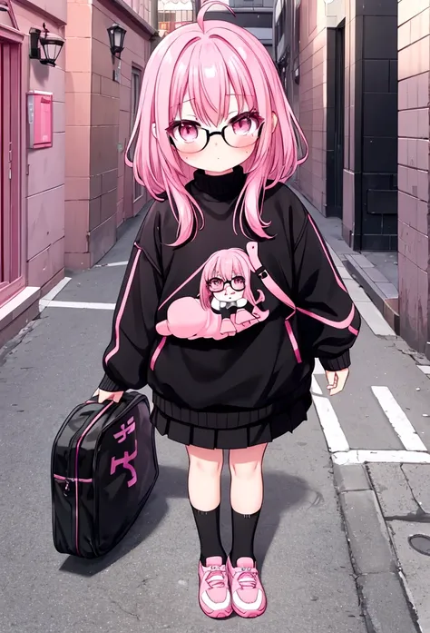 pink hair black glasses pink eyes extremely blushing a big pink sweater short black skirt black tights white tennis shoes that is a reserved girl that has a 5 year old girl 