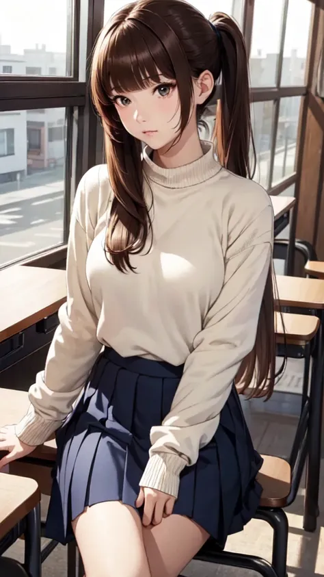 （8K, best quality, Piece Fly:1.2)、Ultra-high resolution,1 female，14 years old、Ultra-fine face,Delicate eyes,Green eyes,Cinema Lighting、Cool、Tree Eyes,Retouched nose,Brown long hair,Ponytail,,rest,在教室rest,Korean style sweater school uniform,Blue JK pleated ...