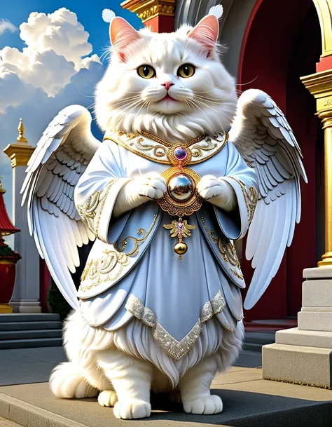 photorealistic portrait of Dressed animals-a ((fat)) ((angora cat)) angel,(furry:1.5), (elegant pose:1.5), (hands on hips:1.5),(smile:1.5),high quality,(angel wings),(lovely) ,intricate details, Wearing angel clothes , (angels ring above head), highly deta...