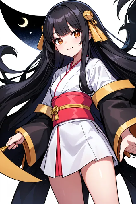 whole body,Standing posture, (Black Hair,Trimmed bangs,Hime cut,Long straight hair,) (Small breasts,Teenage Girl,), (Cute face:1.2) (kimono,Moon Hairpin) smug face,(White background) 