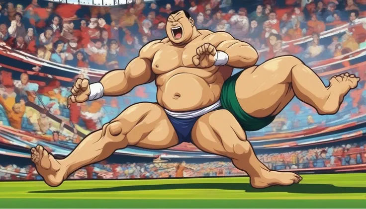 masterpiece:1.1, high quality, high resolution, two sumo wrestlers playing soccer, soccer stadium background, one wrestler sliding tackle