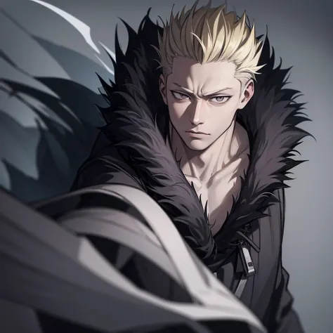 one japanese man, blonde hair, black frosted tips, grey eyes, wearing a black fur coat, jujutsu kaisen background, high res, ult...