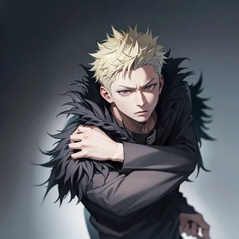 one japanese man, blonde hair, black frosted tips, grey eyes, wearing a black fur coat, jujutsu kaisen background, high res, ultrasharp, masterpiece, jujutsu kaisen style