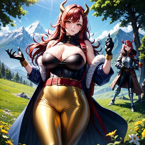 One young Korean woman with golden eyes and lush red hair and large horns, wet bronze skin, huge chest, wearing a blue coat with black fur and rolled up sleeves, steel silver heavy armor, wide leather red belt with large gold yarn, leather black pants, lea...