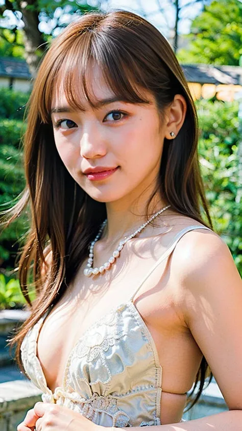 (Realistic: 1.3), masterpiece, Highest quality, Clear Face, Front light, View the viewer, 1 person、Japanese beautiful girl、18-year-old high school student, ((Sapphire glowing pupils)), Dancing, With a diamond necklace large enough to cover the chest, Front...