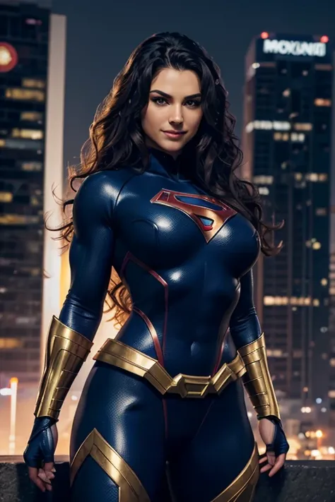 Super Heroine、Beautiful body、Tough face、Muscular and plump body、hero costume、Wavy hair、High definition、Masterpiece、Photorealistic、Smile、pose、Night City