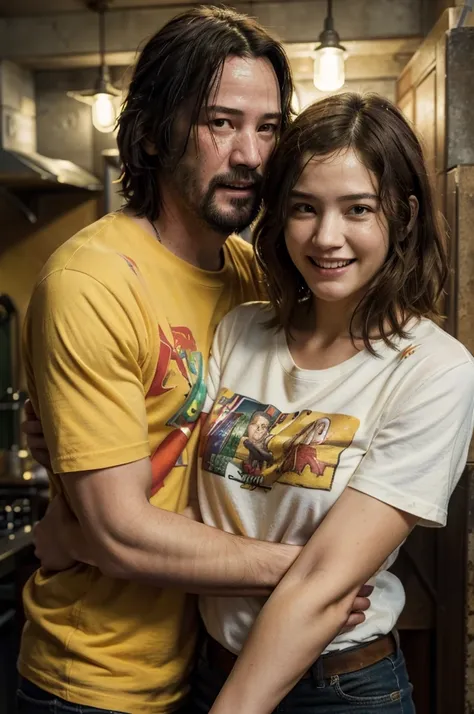 ((best quality)), ((masterpiece)), (detailed), perfect face, foreground, Couple, laughing, man and woman, Ellie de the Last of us 2 y Keanu Reeves, hugged, intense lighting, high level of detail, yellow and white wool t-shirt, with orange and red print 