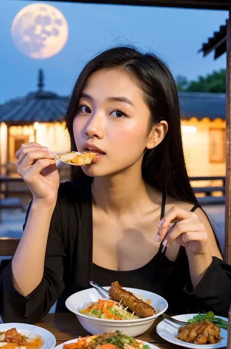 ((best quality)), ((masterpiece)), (detailed), perfect face
beautyfull asian girls eating some traditional food from indonesia,
with background bright light of big moon