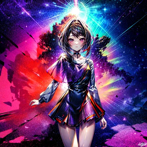 This is a high definition anime portrait (8k) featuring a tall woman with prominent curves and a choker, looking directly at the camera. Her hair is a vibrant mix of black and purple., with fractal patterns and a stellar glow that suggests a space and star...