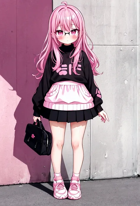 pink hair black glasses pink eyes extremely blushing a big pink sweater short black skirt black tights white tennis shoes that is a reserved girl that has a 5 year old girl 