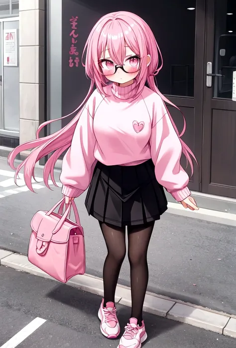 pink hair black glasses pink eyes extremely blushing a big pink sweater short black skirt black tights white tennis shoes that is a reserved girl that has a 5 year old girl 