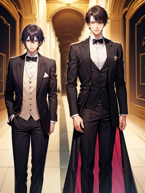 two anime characters dressed in formal clothes next to each other, a digital rendering, pixiv, neo-romanticism, akehiko inoue y ross tran, wearing fancy formal clothing, two handsome anime men, both wearing Victorian clothing, smoking, jin shan y ross tran...