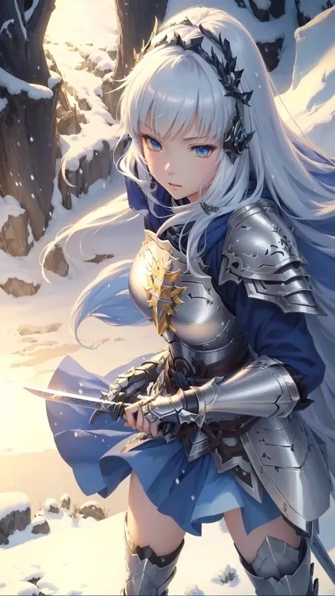 Anime girl with sword and armor in a snowy area., portrait knights of the zodiac girl, armor girl, clear and sharp rpg portrait, Detailed key anime art, epic light novel art cover, Ayaka Genshin Impact, knights of the zodiac girl, Extremely detailed artist...