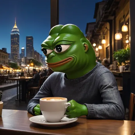 pepe the frog,sitting at a cafe table,drinking coffee,looking at stocks and market prices on a laptop,cityscape background,realistic,photorealistic,award winning,highly detailed,intricate,8k,cinematic lighting,vibrant colors,masterpiece