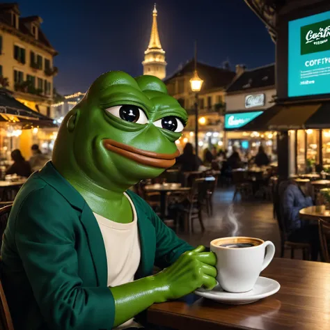 pepe the frog,sitting at a cafe table,drinking coffee,looking at stocks and market prices on a laptop,cityscape background,realistic,photorealistic,award winning,highly detailed,intricate,8k,cinematic lighting,vibrant colors,masterpiece