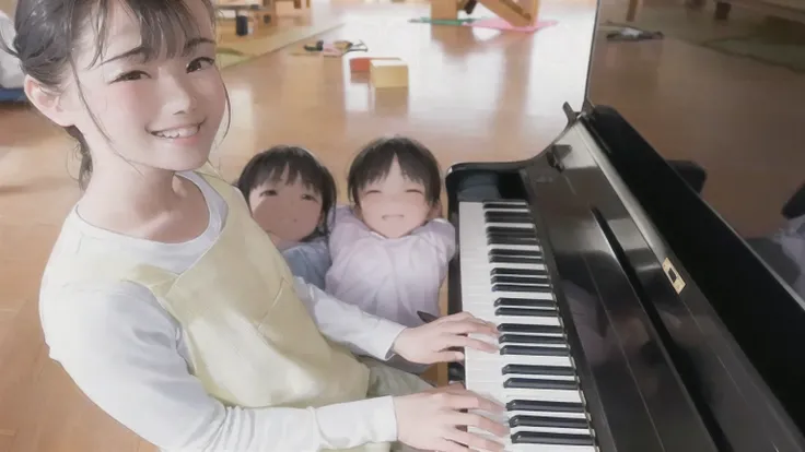 there are three The kids playing a piano together in a room, play the piano, The kids, beginner, The kidss, only, pianist, Warm and fun atmosphere, Award-winning works, Aoi Ogata, Nishimiya Shoko, Great composition, Photo taken with Nikon D750, Photo taken...