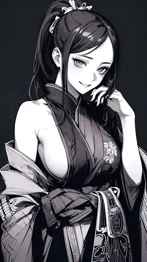 Best quality, (background detail), high contrast, very beautiful woman, detailed original illustration, functional, samurai, kimono, black hair, ponytail delicate face, charm, bad girl, sexy, real breasts, crazy smile, crazy eyes, black background, (black ...