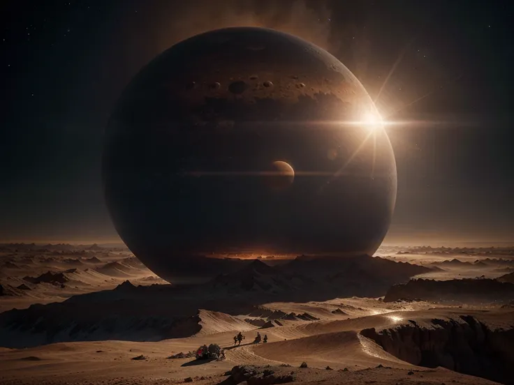 a huge planet with a glowing sun, detailed planetary surface, stunning celestial landscape, dramatic lighting, epic space opera, cinematic composition, muted color palette, moody atmosphere, 8k, hyper detailed, photorealistic, digital painting